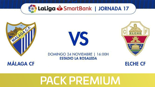 Dos entradas en Tribuna Málaga CF – Elche CF + Menú para 2 en Angus Muelle Uno